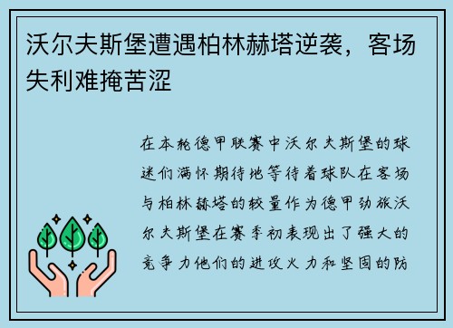 沃尔夫斯堡遭遇柏林赫塔逆袭，客场失利难掩苦涩
